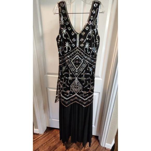 Gatsby Beaded Sequin Dress Womens Large Black V Neck Flapper Art Deco Evening - Picture 1 of 16